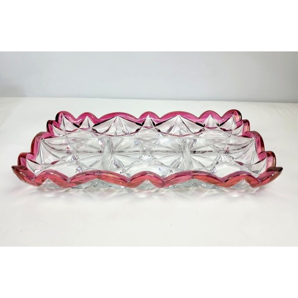 Vintage Tiffin Williamsburg Cranberry and Clear Pressed Glass 4 Part Relish Tray - Picture 4 of 12